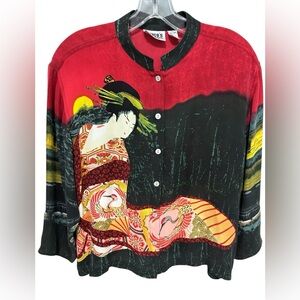 Chico’s Design 100%Silk Shirt Top Size 1 Medium Oriental Eastern Print